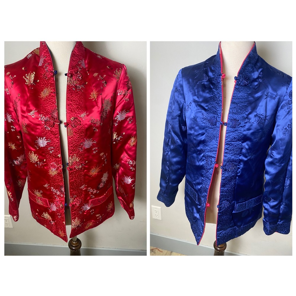 VTG Reversible Pink Blue Satin Quilted Jacket Floral Embroidered Frog Closure